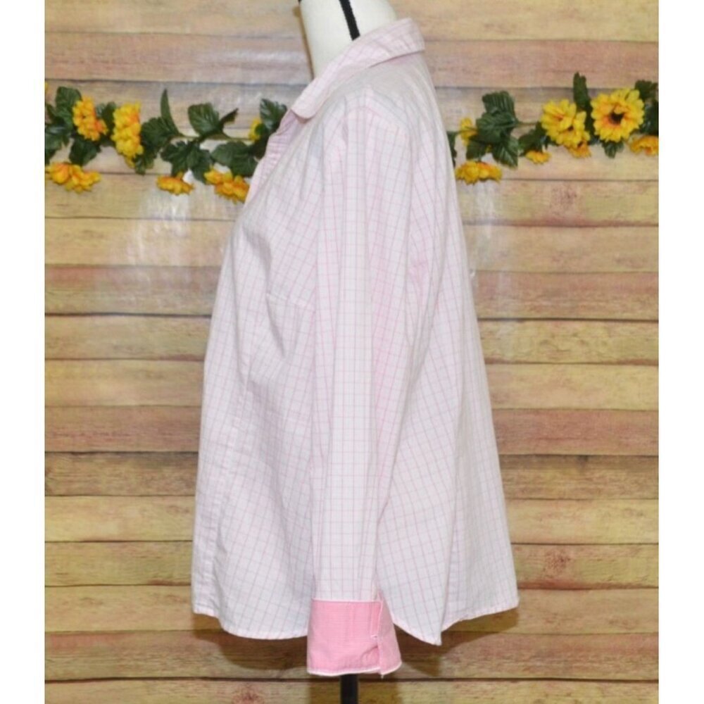 George Ladies XL 16-18 Pink Plaid Button Up Long Sleeve Blouse Top Contrast Cuff - Picture 5 of 10